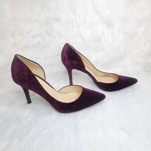 Jessica Simpson Pointed toe burgundy velvet heels.